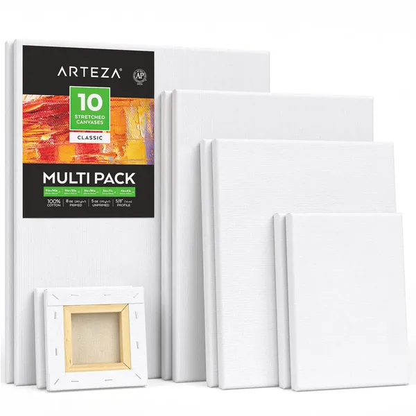 Arteza Paint Canvases for Painting, Multipack of 10, 4x4, 5x7, 8x10, 9x12, 11x14 Inches – 2 of Each, Stretched Canvas Bulk, 100% Cotton, 8 oz Gesso-Primed, Art Supplies for Adults, Acrylic Pouring