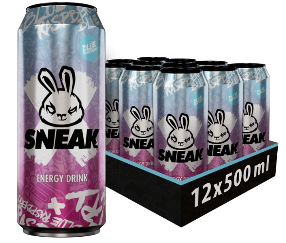 SNEAK | Cans Blue Raspberry | In-Game Focus Boost Energy Drink, Zero Sugar, Low-Calorie, Vegan | 500ml x 12