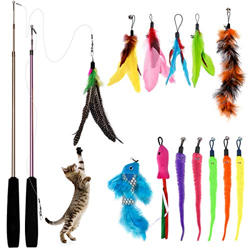 Bojafa Cat Kitten Toys For Indoor Cats - 15Pcs Interactive Cat Feather Stick Toy Cat Teaser Wand Toys Cat Fishing Rod Toys - 15Pack