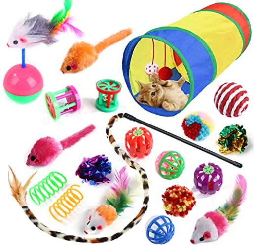 Wefine 20 Pcs Cat Toys for Indoor Kitten, Collapsible Cat Tunnel for Indoor Cat, Interactive Cat Feather Wand Ball Spring Mice Toy for Cat Puppy Kitty Kitten - 20pcs Rainbow