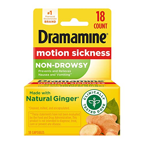 Dramamine Non-Drowsy, Motion Sickness Relief, Made with Natural Ginger, 18 Count - 18 Count (Pack of 1) - Pack of 1