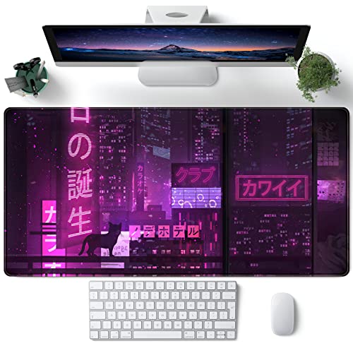 Purple Gaming Mousepad Japanese Desk Mat XXL Extended Anime Cool Large Mouse Pad Keyboard Mouse Mat Desk Pad for Computer Laptop Gamers 31.5''X15.7'' Non-Slip Rubber Base with Stitched Edges - A Purple Neon Sign