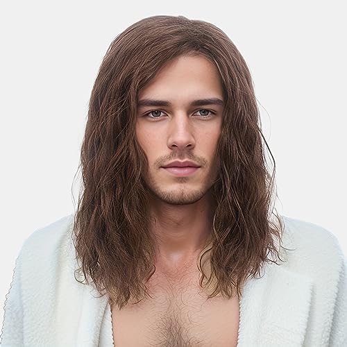 REEWES Men Wigs Long Men Wigs Curly Wave Layered Hair With Cap Flame Redartant Synthetic Hair Wig Natural Hair Wig For Male Daily Costume Cosplay - brown