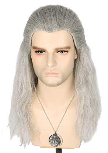 Topcosplay Long Curly Grey Wig for Men Cosplay Geralt Of Rivia Wig Inspired by The Witcher for Halloween Fancy Dress Party (Grey) - Grey