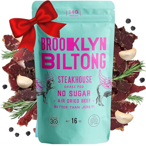 Brooklyn Biltong - Air Dried Grass Fed Beef Snack, South African Beef Jerky - Whole30 Approved, Paleo, Keto, Gluten Free, Sugar Free, Made in USA - 16 oz. Bag (Steakhouse) - Packaging May Vary