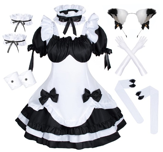 Anime French Maid Apron Lolita Fancy Dress Cosplay Costume Furry Cat Ear Gloves Socks Set