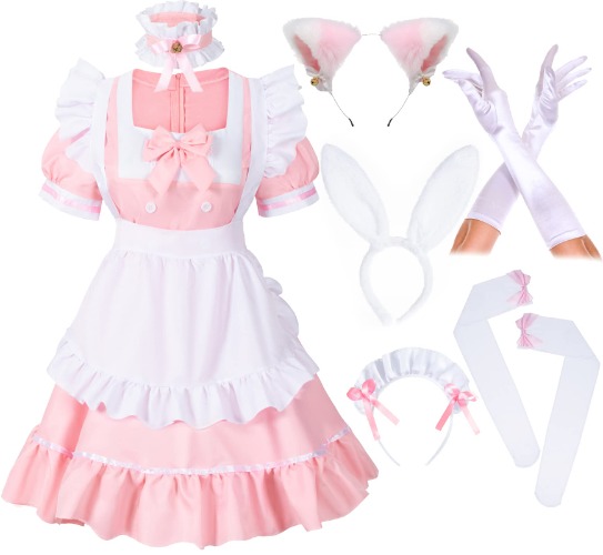 Anime French Girls Bunny Maid Sweet Kawaii Costume Cosplay Dress Furry Cat Ear Gloves Socks Set