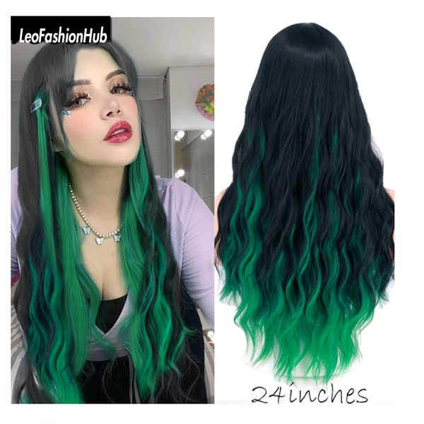 Black Green Long Water Wave Wig golden Black Pure Wigs Halloween Cosplay Wigs For Women Synthetic Hair Heat Resistant Temperature Fiber y