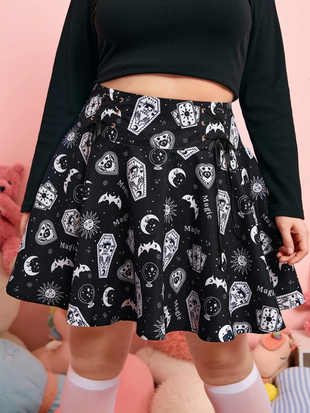 Kawaii Plus Skull Print Lace Up Flare Skirt