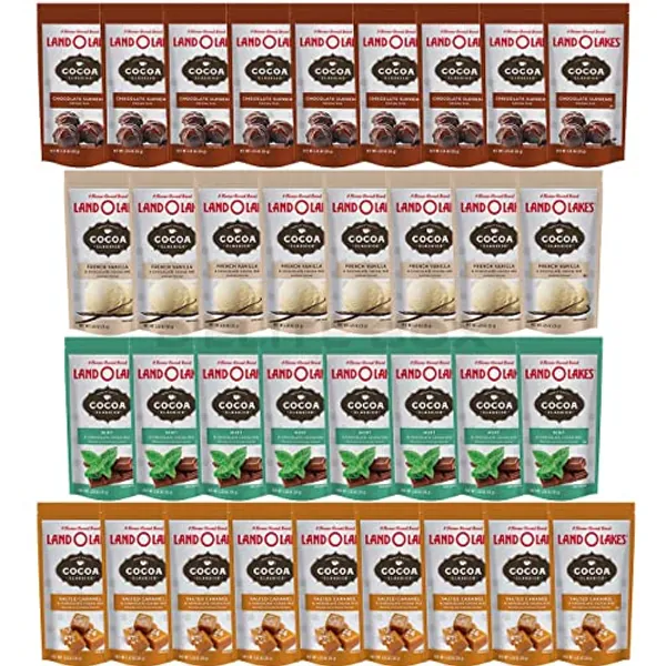 Land O Lakes Cocoa 34 Packet Assortment Gift Pack - 34 (1.25 oz) Packets of 4 Favorite Flavors - Chocolate Supreme, Mint, French Vanilla, and Salted Caramel by D’Elite Box