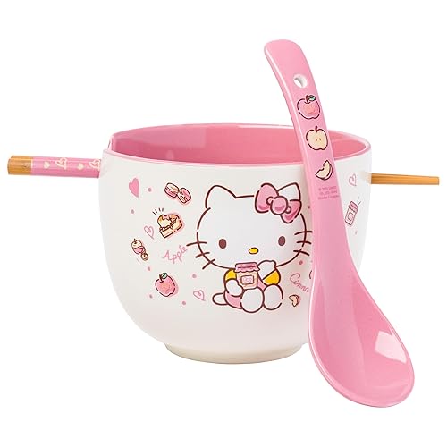 Silver Buffalo Sanrio Hello Kitty Apples and Cinnamon Ceramic Ramen Noodle Rice Bowl with Chopsticks and Spoon, Microwave Safe, 20 Ounces - Hello Kitty Apples and Cinnamon Spoon