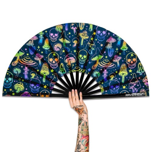 Raveahem UV Glow Large Rave Bamboo Folding Clack Hand Fan for Men/Women Handheld Fan for EDM, Music Festival,Club,Freaky,Event,Party,Dance,Performance,Decoration, Gift (Mushrooms and Skulls) - Mushrooms and Skulls