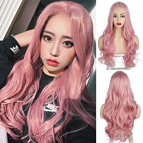 AISI BEAUTY Pink Wig Long Costume Wavy Wig Pink Color for Cosplay Girls and Women Party or Daily Use Wig - C576-Pink