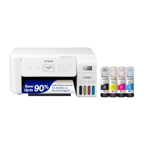 Epson EcoTank ET-2800 Wireless Color All-in-One Cartridge-Free Supertank Printer with Scan and Copy â€“ The Ideal Basic Home Printer - White, Medium - White - ET-2800-W - Printer