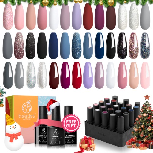 Beetles Gel Nail Polishes- 20 Pcs Gel Nail Polish Set Modern Muse Soak Off Nail Gel Polish Nude Gray Pink Blue Glitter Black Starter Kit with Glossy Matte Top Coat Base Coat Christmas Nail Art Gifts