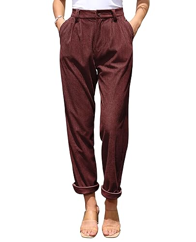 siliteelon Corduroy Pants for Women Cotton Straight High Waist Vintage Trousers with Pockets - Medium - Burgundy