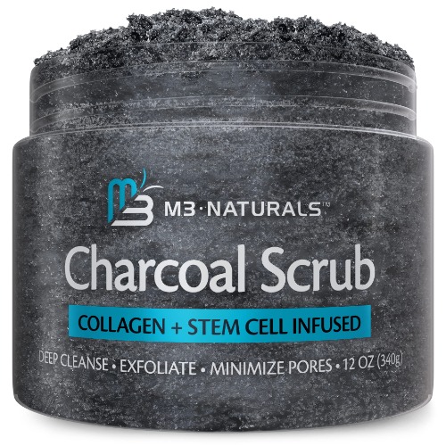 Charcoal Exfoliating Body Scrub Polish with Collagen & Stem Cell Gentle Body Exfoliator Face Scrub Bump Eraser Booty Scrub Best Shower Scrub Skin Exfoliant Moisturize Skin Exfoliate Absorbs Nutrients by M3 Naturals - Charcoal (1 Pack)