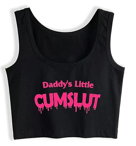 Humor Fun Flirty Daddy's Little Cumslut Print Tank Top Print Yoga Sport Workout Crop Top Gym Tops - Large - Black