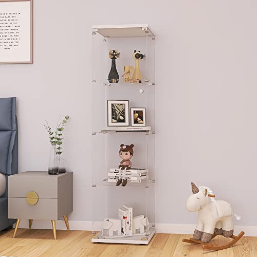 LFT HUIMEI2Y Glass Display Cabinet 4-Shelf with Door and Lock, Curio Cabinets Upgraded Quick-Install Style 5mm Tempered Glass Floor Standing Bookshelf for Bedroom, Living Room 64”x 17”x 14” White - Quick Install-white - 4 Shelf Single Door