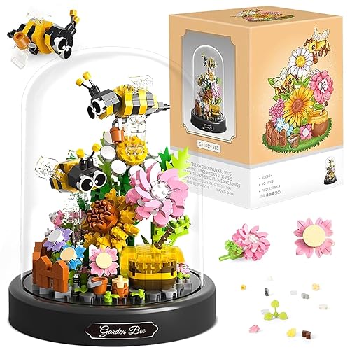 JOAASU Construction Bouquet Fleurs, Kit Construction de Fleurs Abeilles, Kit de Construction de Bouquet de Fleurs, avec Housse de Protection, Décoration de Maison pour Adultes et Enfants (548PCS) - abeille