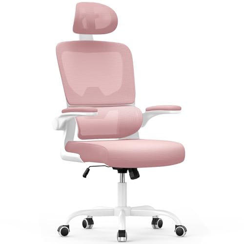 Chaise de Bureau Ergonomique: Fauteuil Bureau avec Support Lombaire en C,Dossier et Appui-tête Réglables,Reversible Armrest,Siege en Maille Respirante Convient à la Maison Bureau ,Lecture,Rose - Pink - avec Appui-tête