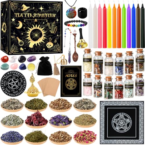 IGUGI Kit de Sorcellerie,Fournitures de Sorcellerie,Bougies Magiques Colorées,Fournitures et Outils Wiccans,Pierre Naturelles Pièces de Cristal,Fleur Séchée Utilisé pour Débutant Expérimenté Sorcière