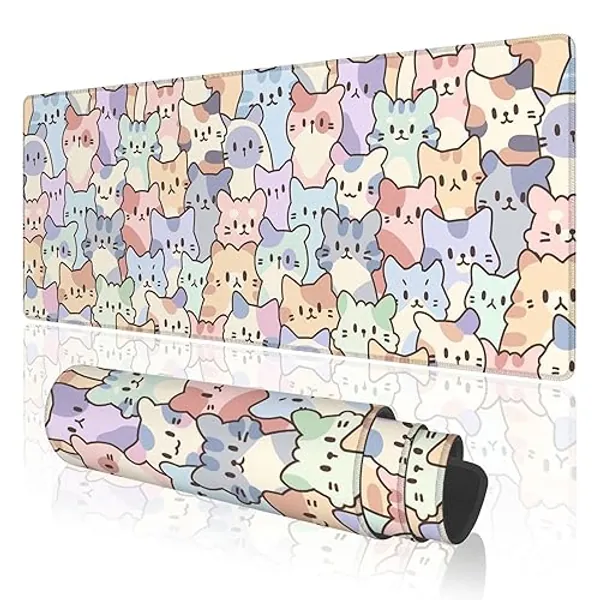 TOXXU Colorful Cute Cats Large Cartoon Gaming Mouse Pad with Anti-Slip Base, Kawaii Cat Extended XL Mousepad for Girl, Desk Mat with Stitched Edges for Desk, 31.5 x 11.8 in, Colorful - Cats-colorful - 11.8 x 31.5 Inch