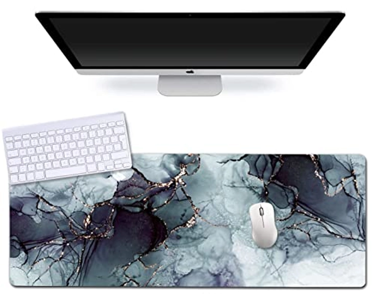 Extended Gaming Mouse Pad (31.5x11.8 in), Large Non-Slip Rubber Base Mousepad,Waterproof Keyboard Mouse Mat Desk Pad for Work, Game, Office, Home - Painting Ink Blue Black Rose Gold Marble