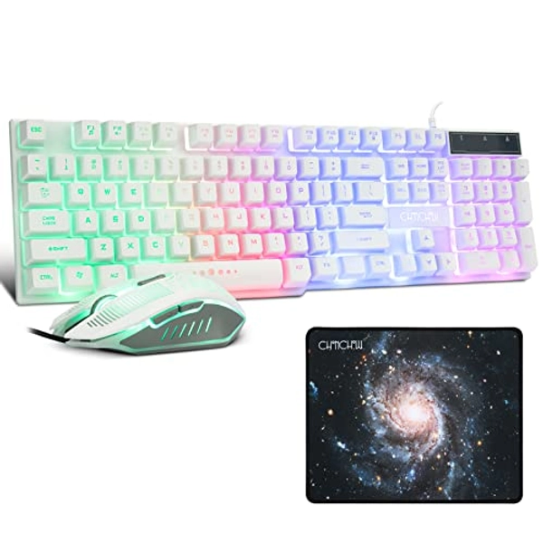 CHONCHOW Gaming Keyboard and Mouse Combo, LED Backlight Wired Rainbow Set Mechanical Feel Keyboard for PC Laptop Gaming and Work (White).