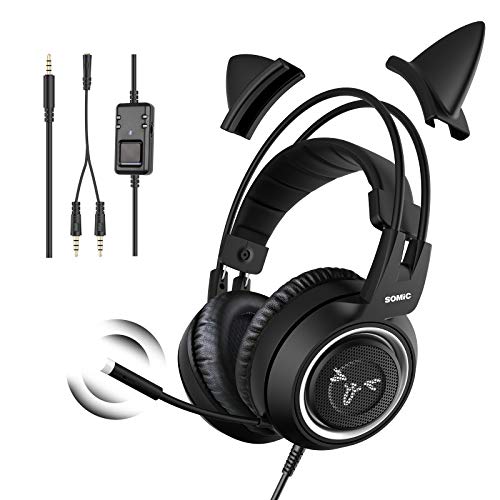 SOMIC G951s Stereo Gaming Headset with Mic for PS4, Xbox One, PC, Mobile Phone, 3.5MM Sound Detachable Cat Ear Headphones Lightweight Self-Adjusting Over Ear Headphones for Women (Black) - Black