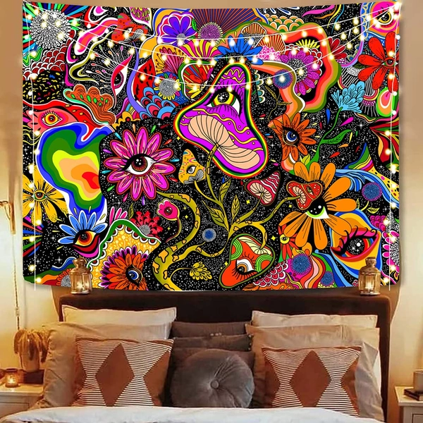 HoYuanFlo Colorful Mushroom Tapestry Eyes with Flowers Aesthetic Wall Hanging Decoration for Home Bedroom Living Room 50*60 Inches
