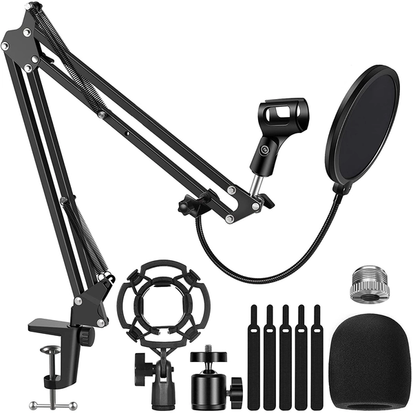 Mythco Microphone Stand, Boom Scissor Arm Stand Webcam Stand for Blue Yeti with Mic Shock Mount 3/8" to 5/8" Screw Adapter Windscreen Pop Filter Mic Clip Holder, Cable Ties