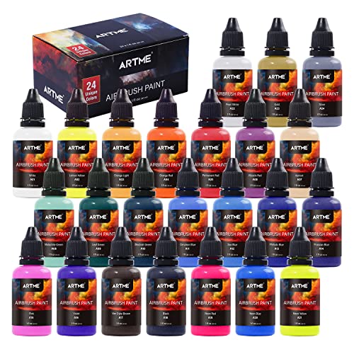 ARTME 24 Colors Airbrush Paint Set Include Metallic and Neon Colors, Opaque & Water Based Acrylic Paint, Leather & Shoe Airbrush Paint Kit for Artists, Beginners, and Students