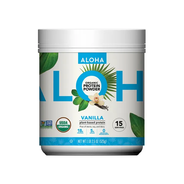 ALOHA Organic Plant-Based Protein Powder - NO-STEVIA Vanilla - Keto Friendly Vegan Protein with MCT Oil, 18.5 oz, Makes 15 Shakes, Vegan, Gluten-Free, Non-GMO, Erythritol-Free, Soy-Free, Dairy-Free & Only 3g Sugar