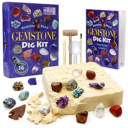 DANCING BEAR Gemstone Dig Kit, Excavate 16 Real Gems & Crystals including Arrowheads, Quartz Points and Amethyst, STEM Education for Kids, Fun Rock Mining Science Activity Gift Sets for Girls and Boys - Gemstone Dig Kit
