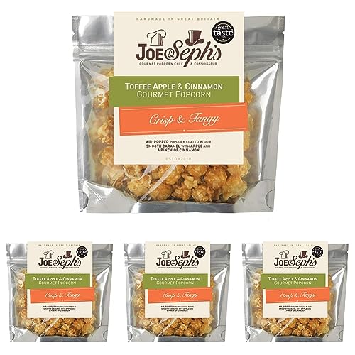 Joe & Sephs Toffee Apple with Cinnamon Popcorn Snack Bag, Handmade in UK, Suitable for Vegetarians, Gluten Free, Air-Popped, Movie Night in, 32 g (Pack of 4) - Toffee Apple with Cinnamon - 32 g (Pack of 4)