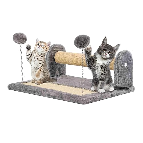 ALAYSTAR Cat Scratching Post & Foldable Cat Scratch Sisal Board – Plush Covered with Spring Play Balls Toy – Healthy Play Activity for Pet Kitten Cat