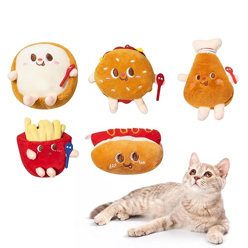 MiOYOOW Cat Plush Chew Toys, 5Pcs Cat Catnip Toys PP Cotton Cat Kicker Toys Includes Hamburger/Fries/Bread/Hotdog/Chicken Thighs for Cats