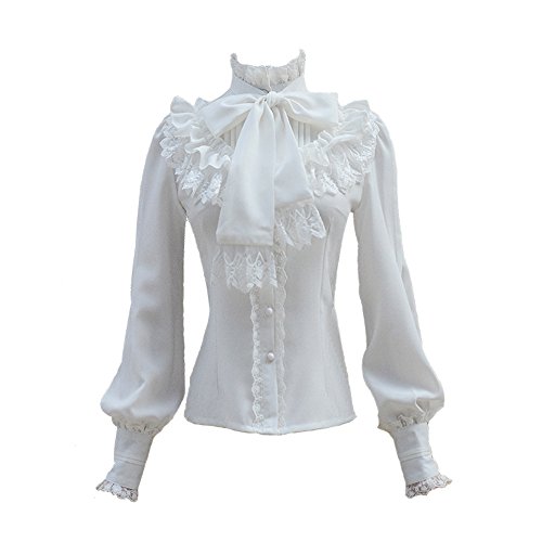 Smiling Angel Chiffon Ruffle Lace Bow Tie Vintage Gothic Lolita Casual Shirt Blouse - White - Large
