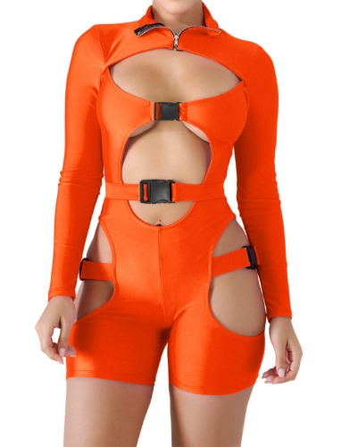 VWIWV Women's Bodycon Buckle High Neck Jumpsuit Long Sleeves Sexy Hollowing Out Romper - X-Large Orange
