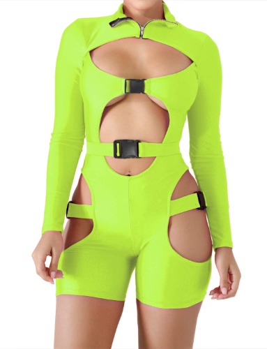 VWIWV Women's Bodycon Buckle High Neck Jumpsuit Long Sleeves Sexy Hollowing Out Romper - X-Large Green