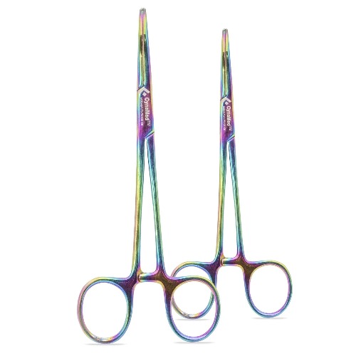 Cynamed Set of 2 Artzone Multi Color Hemostat Forceps with Serrated Jaws, Stainless Steel Rainbow Pliers - 5.5 inch