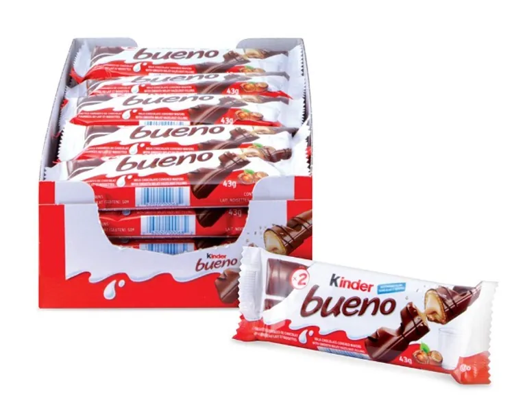 Kinder Bueno Milk Chocolate and Hazelnut Cream Candy Bar, 20 Packs, 2 Individually Wrapped Christmas Candy Stocking Stuffers