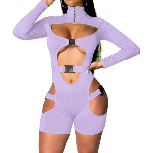 Atyfuniby Womens Bodycon Buckle High Neck Jumpsuits Rompers Sexy Cutout Bodysuits One Piece Outfits Clubwear - Lavender Purple Large