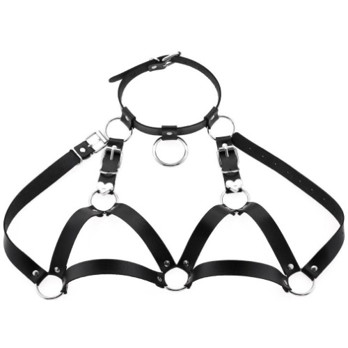 O Ring Collar Leather Harness - Black