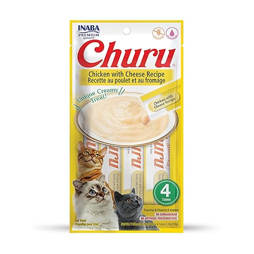 INABA Churu Cat Treats, Grain-Free, Lickable, Squeezable Creamy Purée Cat Treat/Topper with Vitamin E & Taurine, 0.5 Ounces Each Tube, 4 Tubes, Chicken with Cheese Recipe - Chicken with Cheese Recipe - 0.5 Ounce (Pack of 4)