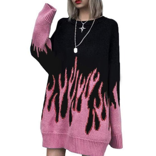 Women Sweater Long Sleeve Flame Bat Sleeve Jumper Oversized Casual Knitting Pullover Tops - One Size Pink