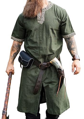 Leonardo Carbone® Kurzarm Tunika Richard - Mittelalter Kleidung Herren, Mittelalter Hemd, Freizeithemden Kurzarm, Karneval Kostüm Herren, Wikinger Tunika, LARP Kleidung - 100% Baumwolle - L - Grün