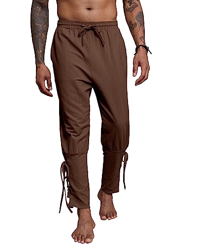 YAOBAOLE Leinen Hose Herren Lang Mittelalter Hose Herren Wikinger Kostüm Herren mit Taschen Renaissance Piratenhose Herren Universal Fit - L - Braun