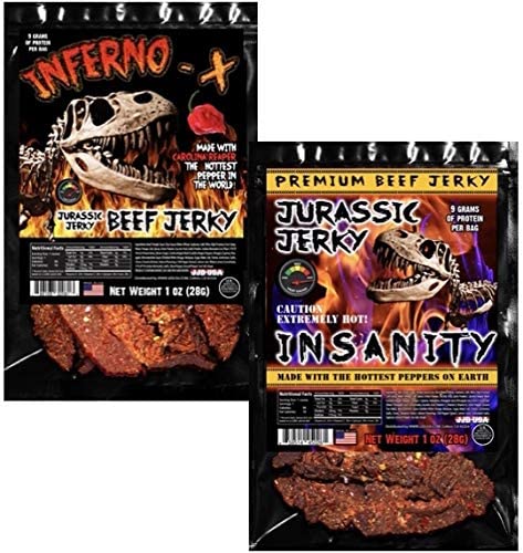 Jurrasic jerky Beef jerky (Insanity (1Oz) & Inferno X (3Oz)) Unleash Dino-sized Flavor with Jurassic Jerky Savory Heat, Bold Taste, Keto-Friendly Snacking Delight. Spicy Jerky (2 pk) - Insanity x Inferno X